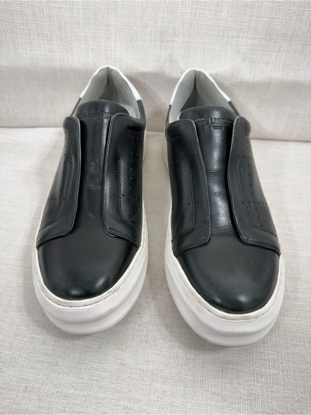 Karl Lagerfeld Black Leather Slip-On Sneakers with White Sole